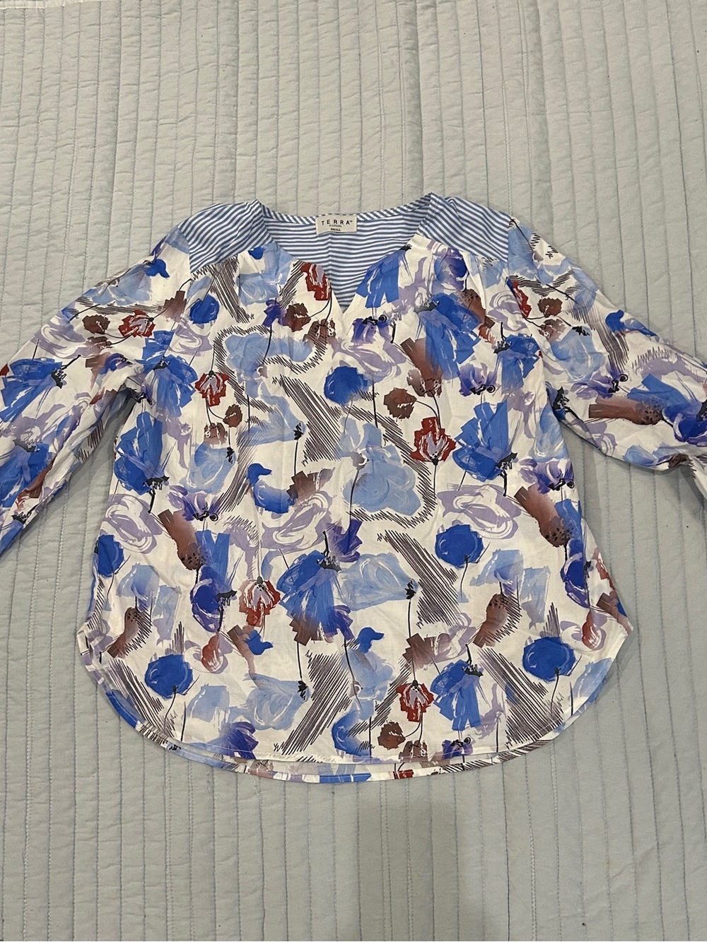Escada Blue and Cream Floral-Print Blouse